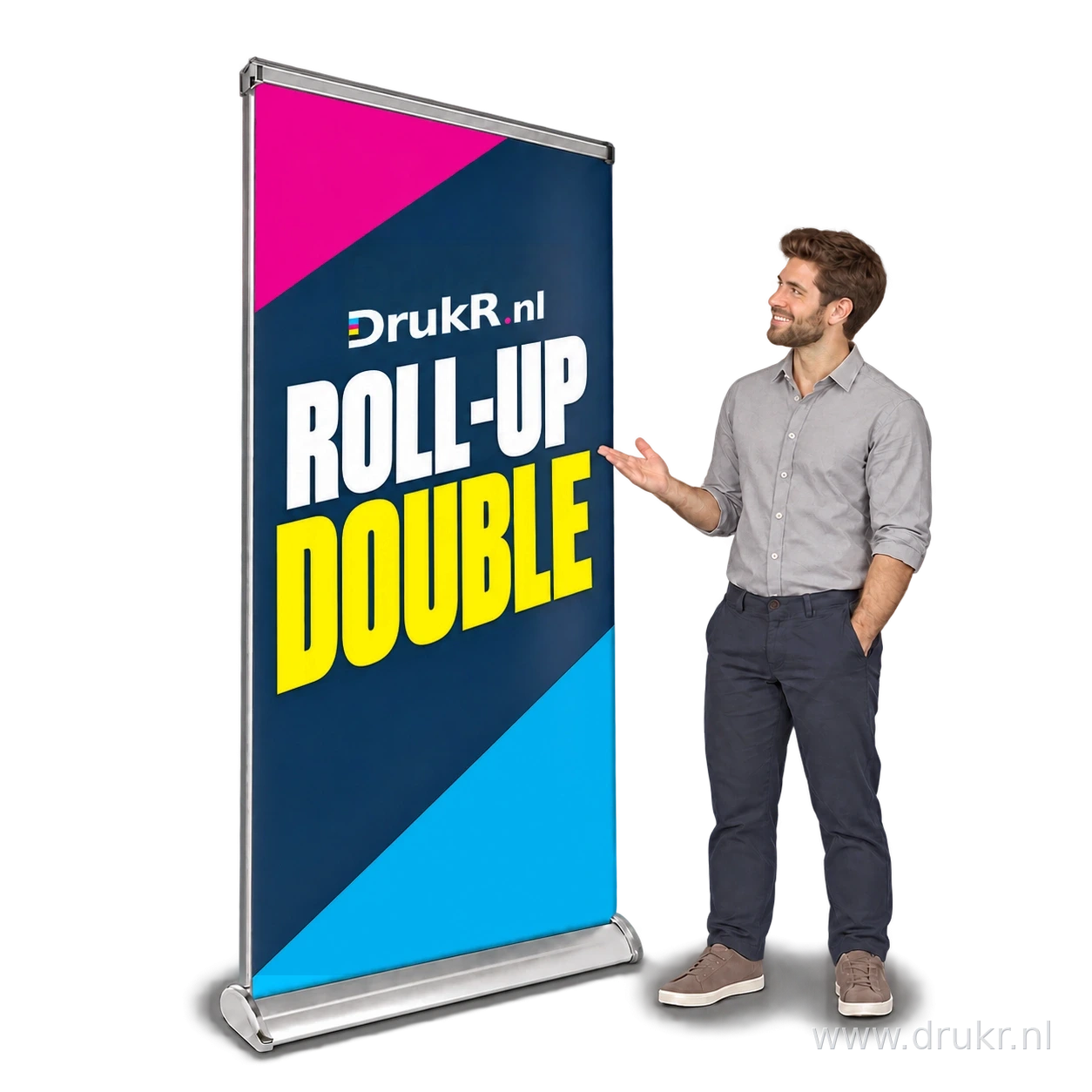 Double roll-up banner met ROLL-UP DOUBLE-opdruk en een persoon ernaast