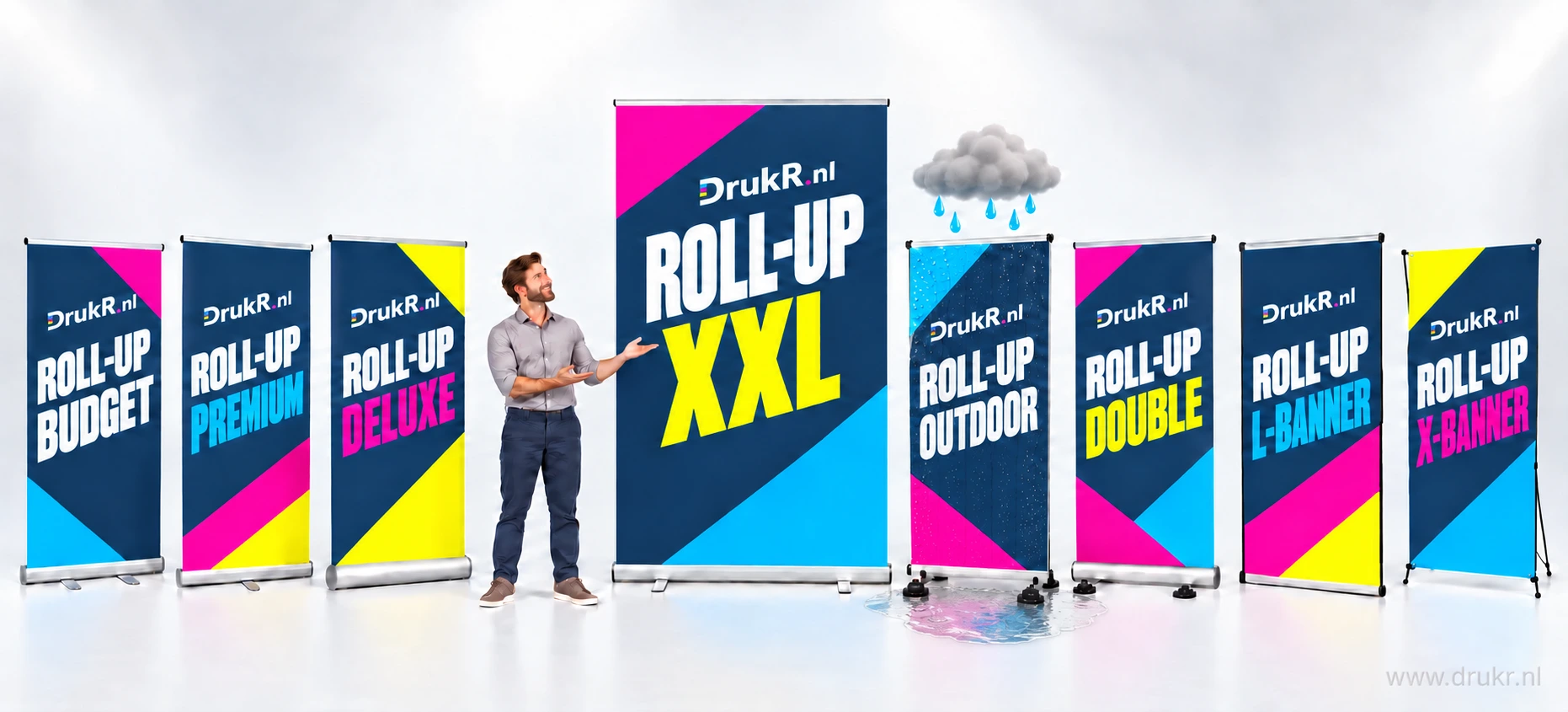 Acht banners met Drukr-opdruk: Budget, Premium, Deluxe, XXL met een persoon, Outdoor met regenwolk, waterdruppels en een plasje water, Double, L-banner en X-banner