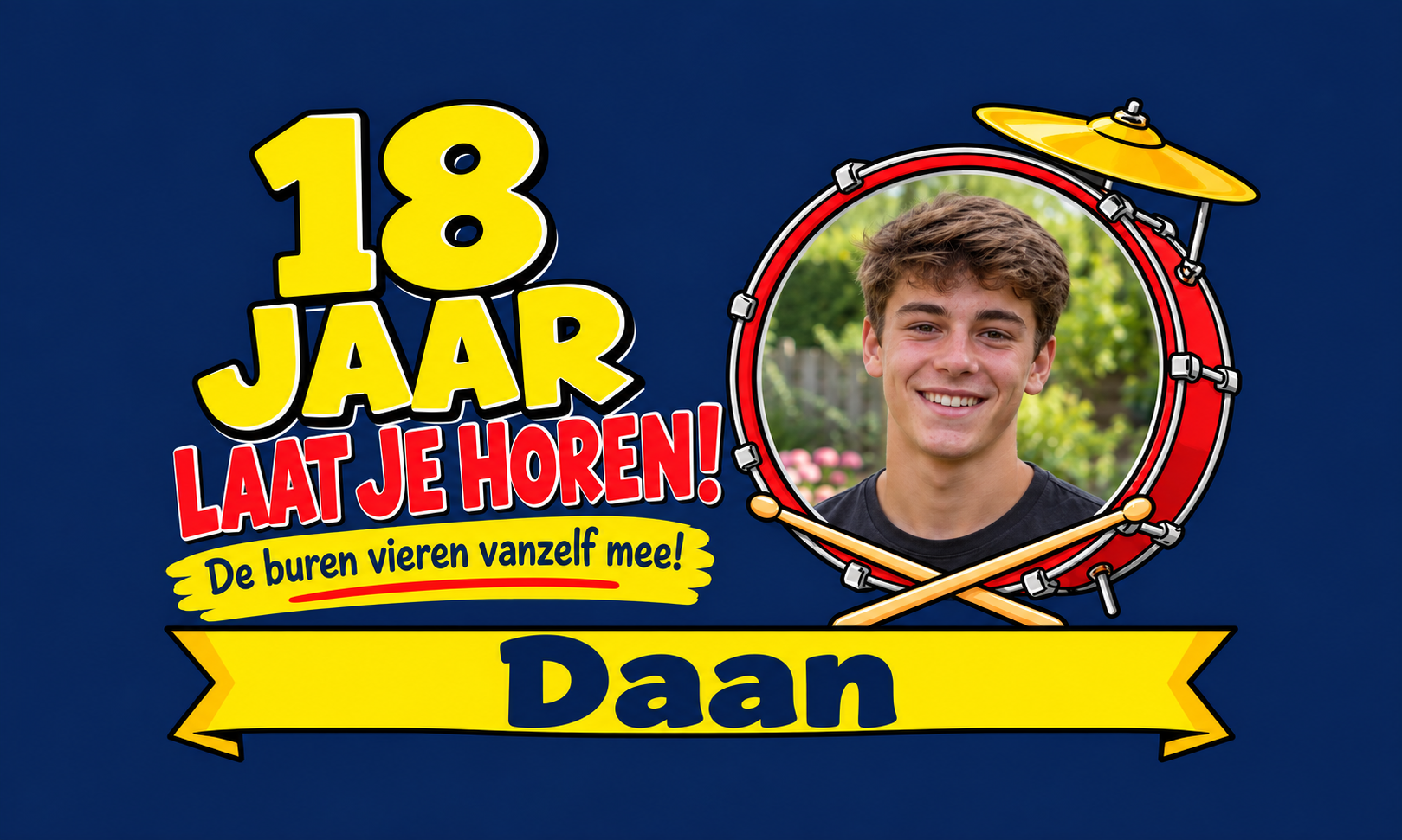 Spandoek 18 jaar · Drums met eigen tekst
