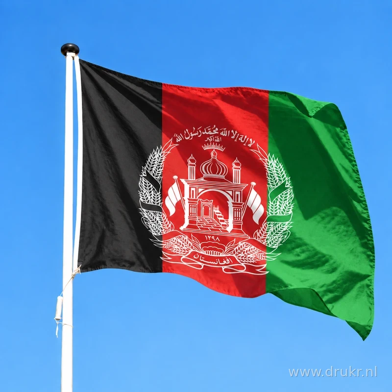 Afghaanse vlag wapperend aan een verticale witte mast