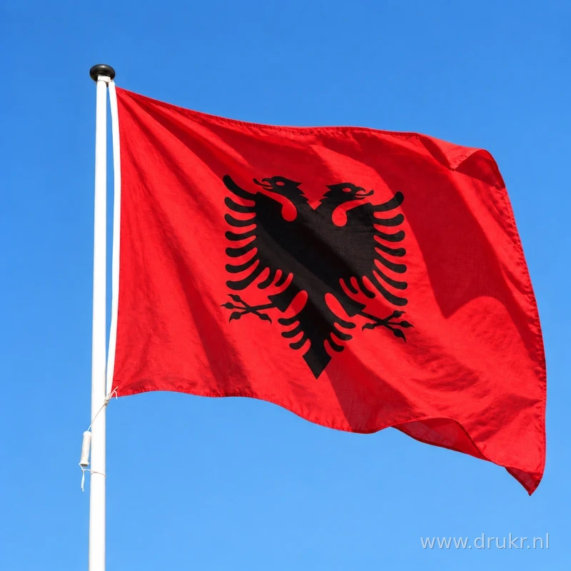 Albanese vlag wapperend aan een verticale witte mast