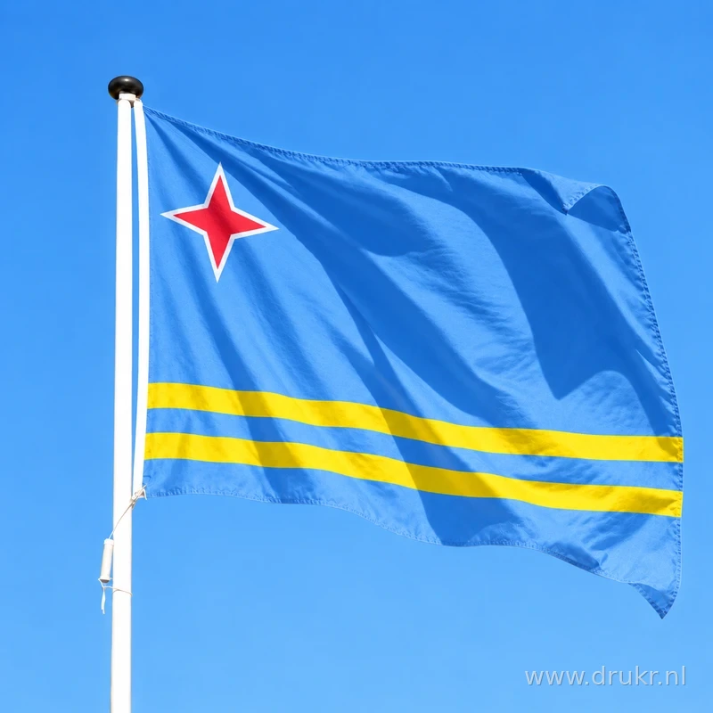 Vlag van Aruba wapperend aan een verticale witte mast