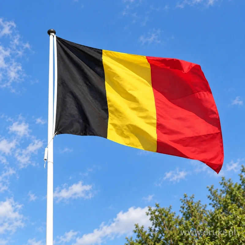 Belgische vlag wapperend aan een verticale witte mast