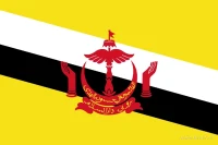 Een geel veld met een schuine witte en zwarte baan. Over de banen staat het rode nationale wapen van Brunei.