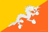 Twee diagonale kleurvlakken: geel aan de bovenzijde en oranje aan de onderzijde, met een witte draak over de scheiding.