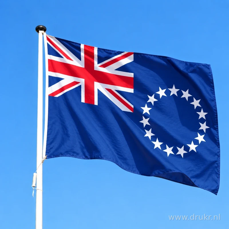 Vlag van Cookeilanden wapperend aan een verticale witte mast