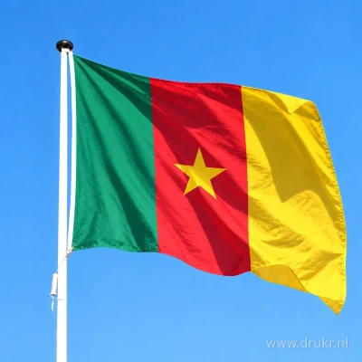 Kameroense vlag wapperend aan een verticale witte mast