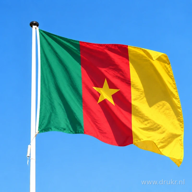 Kameroense vlag wapperend aan een verticale witte mast