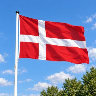 Deense vlag wapperend aan een verticale witte mast