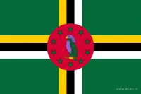 De vlag van Dominica heeft een groen veld met een kruis van gele, zwarte en witte stroken. In het midden staat een rode cirkel met een papegaai en tien groene sterren.