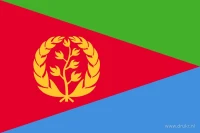 De Eritrese vlag heeft een rode driehoek van de hijszijde tot het midden van de vrije zijde. Daarboven ligt een groen vlak en daaronder een blauw vlak. In het rode vlak staat een gele olijftak met een krans.