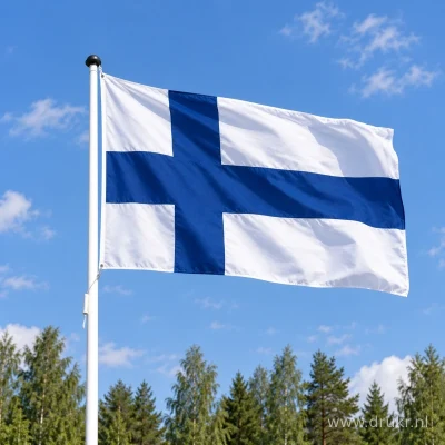 Finse vlag wapperend aan een verticale witte mast