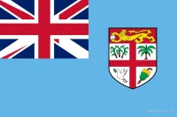 Een lichtblauw veld met de Union Jack linksboven en het schild van het nationale wapen aan de vrije zijde.