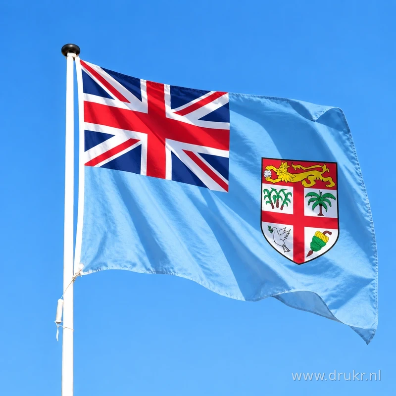 Fijische vlag wapperend aan een verticale witte mast