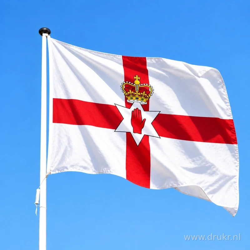 Vlag van Noord-Ierland wapperend aan een verticale witte mast