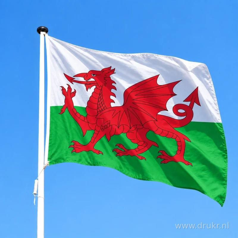 Vlag van Wales wapperend aan een verticale witte mast