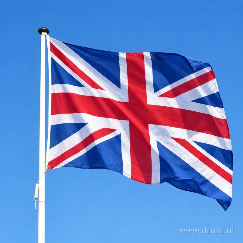 Britse vlag wapperend aan een verticale witte mast