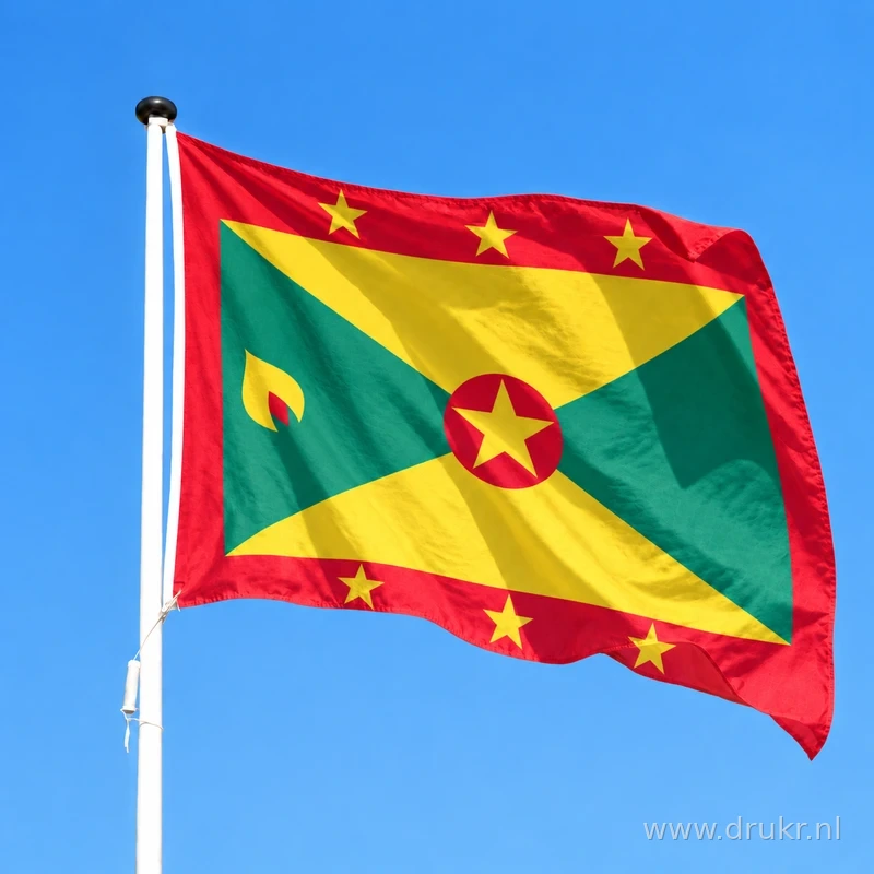 Vlag van Grenada wapperend aan een verticale witte mast