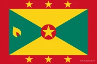 De vlag van Grenada heeft een rode rand rond groene en gele driehoekige vlakken. Zeven gele sterren en een nootmuskaatmotief maken deel uit van het ontwerp.