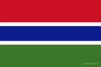 De Gambiaanse vlag heeft een rode bovenbaan, een blauwe middenbaan en een groene onderbaan. Twee smalle witte banen scheiden de blauwe baan van rood en groen.