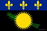 Een blauw bovenveld met drie gele lelies en daaronder een zwart vlak met een gele zon en groen suikerriet.