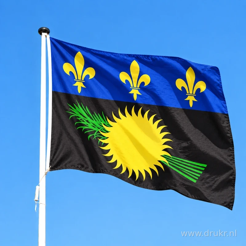 Vlag van Guadeloupe wapperend aan een verticale witte mast