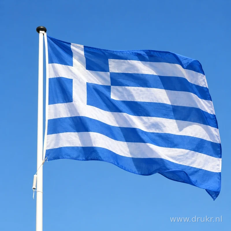Griekse vlag wapperend aan een verticale witte mast