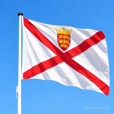 Vlag van Jersey wapperend aan een verticale witte mast
