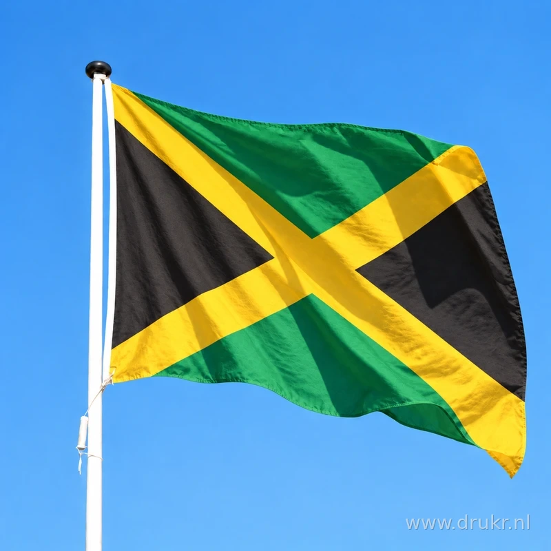 Jamaicaanse vlag wapperend aan een verticale witte mast