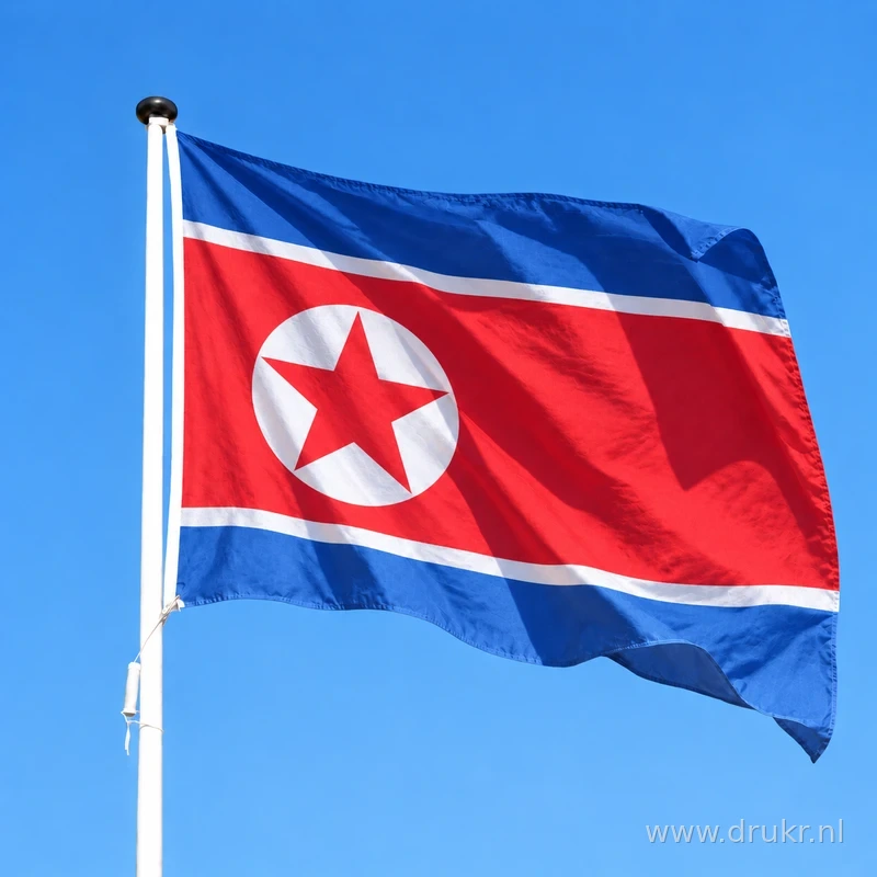 Noord-Koreaanse vlag wapperend aan een verticale witte mast