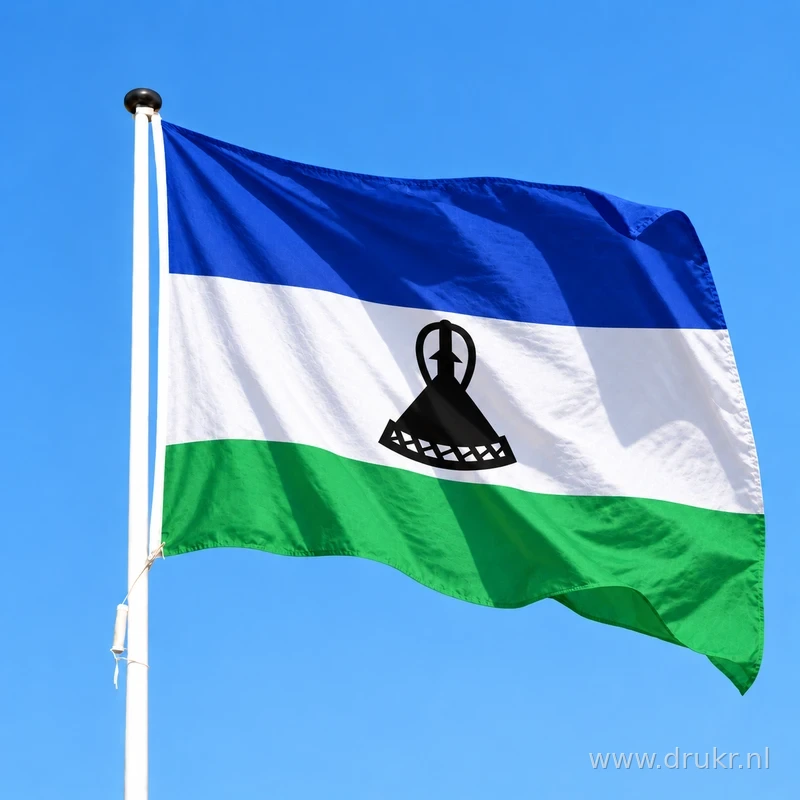 Lesothaanse vlag wapperend aan een verticale witte mast