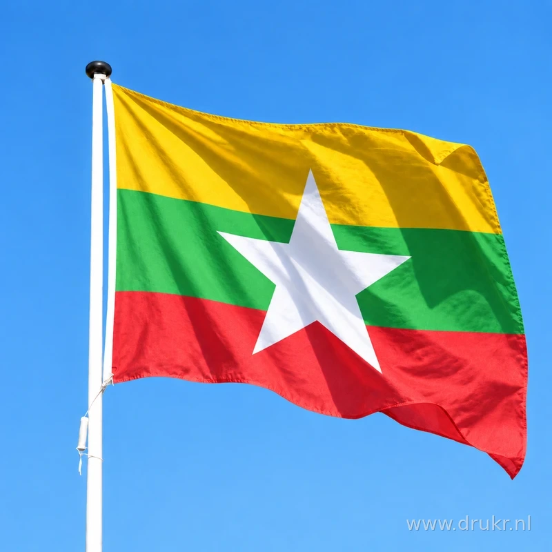 Myanmarese vlag wapperend aan een verticale witte mast