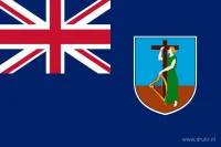 Een donkerblauw veld met de Union Jack linksboven en een schild met een vrouw, harp en zwart kruis aan de vrije zijde.
