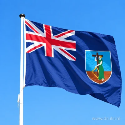 Vlag van Montserrat wapperend aan een verticale witte mast