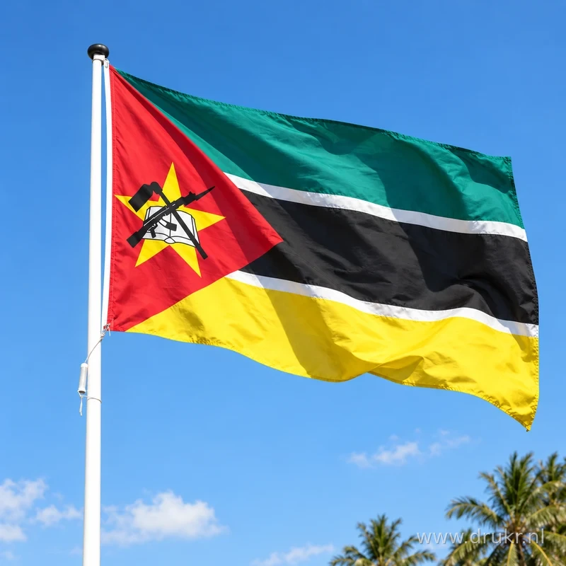 Vlag van Mozambique wapperend aan een verticale witte mast