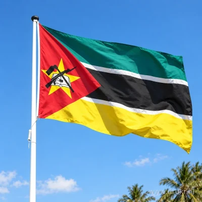 Vlag van Mozambique wapperend aan een verticale witte mast