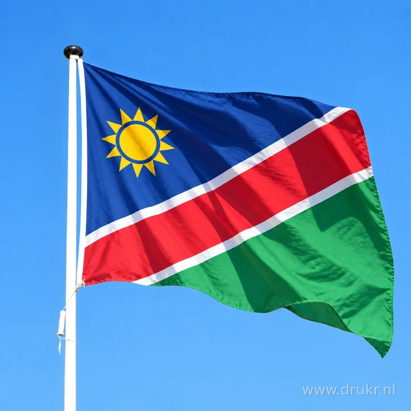Namibische vlag wapperend aan een verticale witte mast
