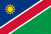 De Namibische vlag heeft een blauw vlak bovenaan de hijszijde en een groen vlak onderaan de vrije zijde. Een rode diagonale baan met witte randen scheidt de vlakken; in het blauwe vlak staat een gele zon.