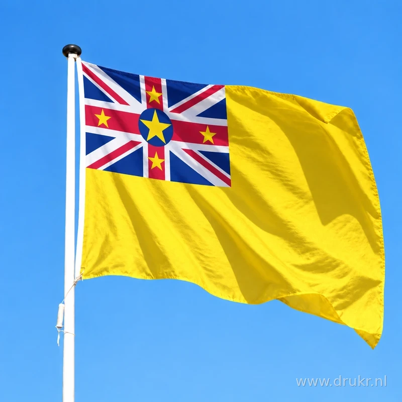 Vlag van Niue wapperend aan een verticale witte mast