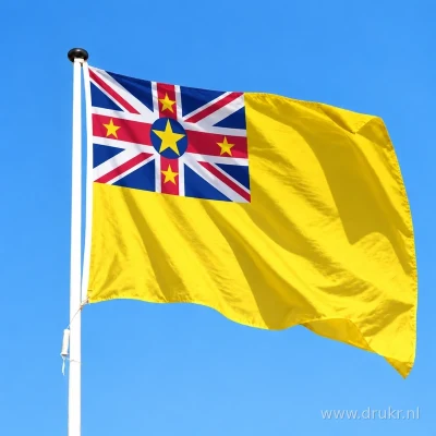 Vlag van Niue wapperend aan een verticale witte mast