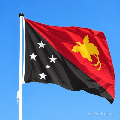 Vlag van Papoea-Nieuw-Guinea wapperend aan een verticale witte mast