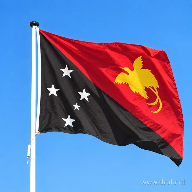 Vlag van Papoea-Nieuw-Guinea wapperend aan een verticale witte mast