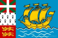 Een blauw veld met een gouden schip en witte golven; aan de hijszijde staan drie gestapelde vlakken met Baskische, Bretonse en Normandische motieven.