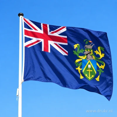 Vlag van Pitcairn wapperend aan een verticale witte mast