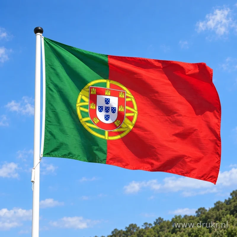 Portugese vlag wapperend aan een verticale witte mast