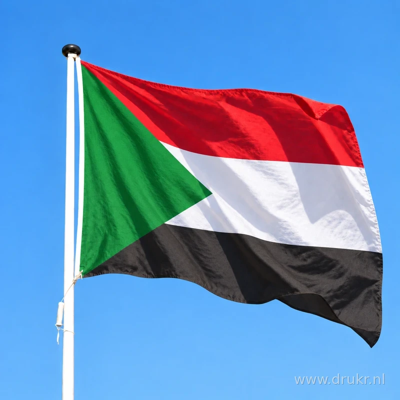 Sudanese vlag wapperend aan een verticale witte mast
