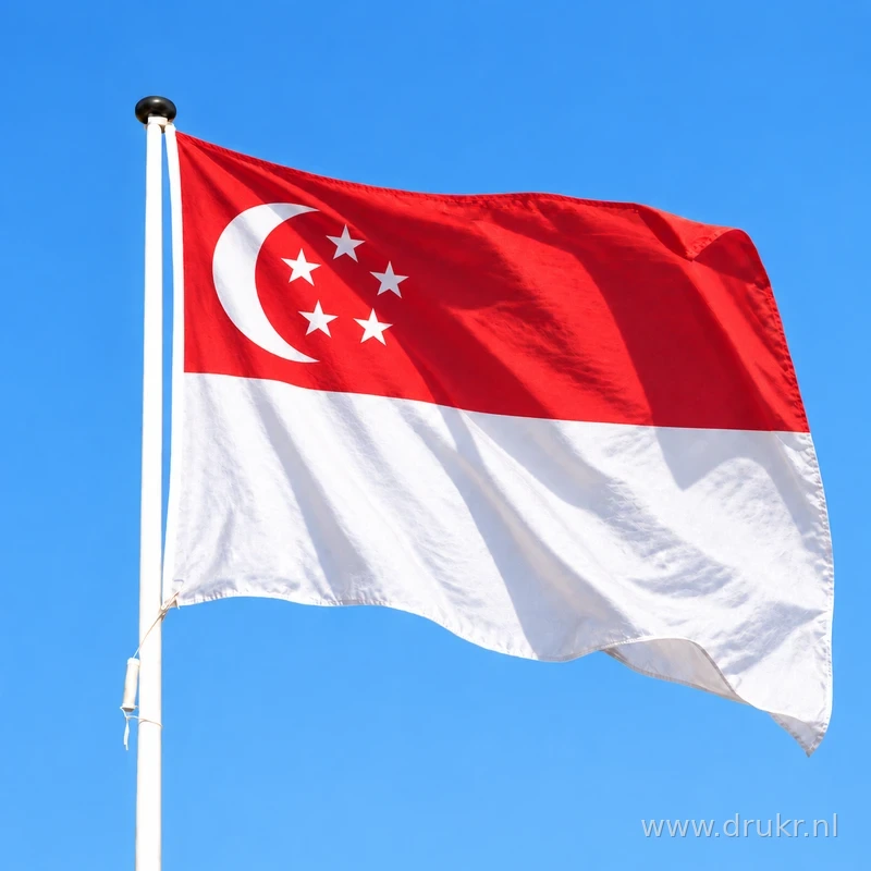 Singaporese vlag wapperend aan een verticale witte mast