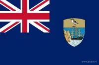 Een donkerblauw veld met de Union Jack linksboven en een schild met een vogel boven een schip en kustlandschap aan de vrije zijde.