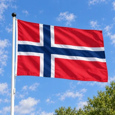 Vlag van Spitsbergen en Jan Mayen wapperend aan een verticale witte mast