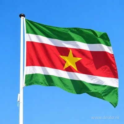 Surinaamse vlag wapperend aan een verticale witte mast